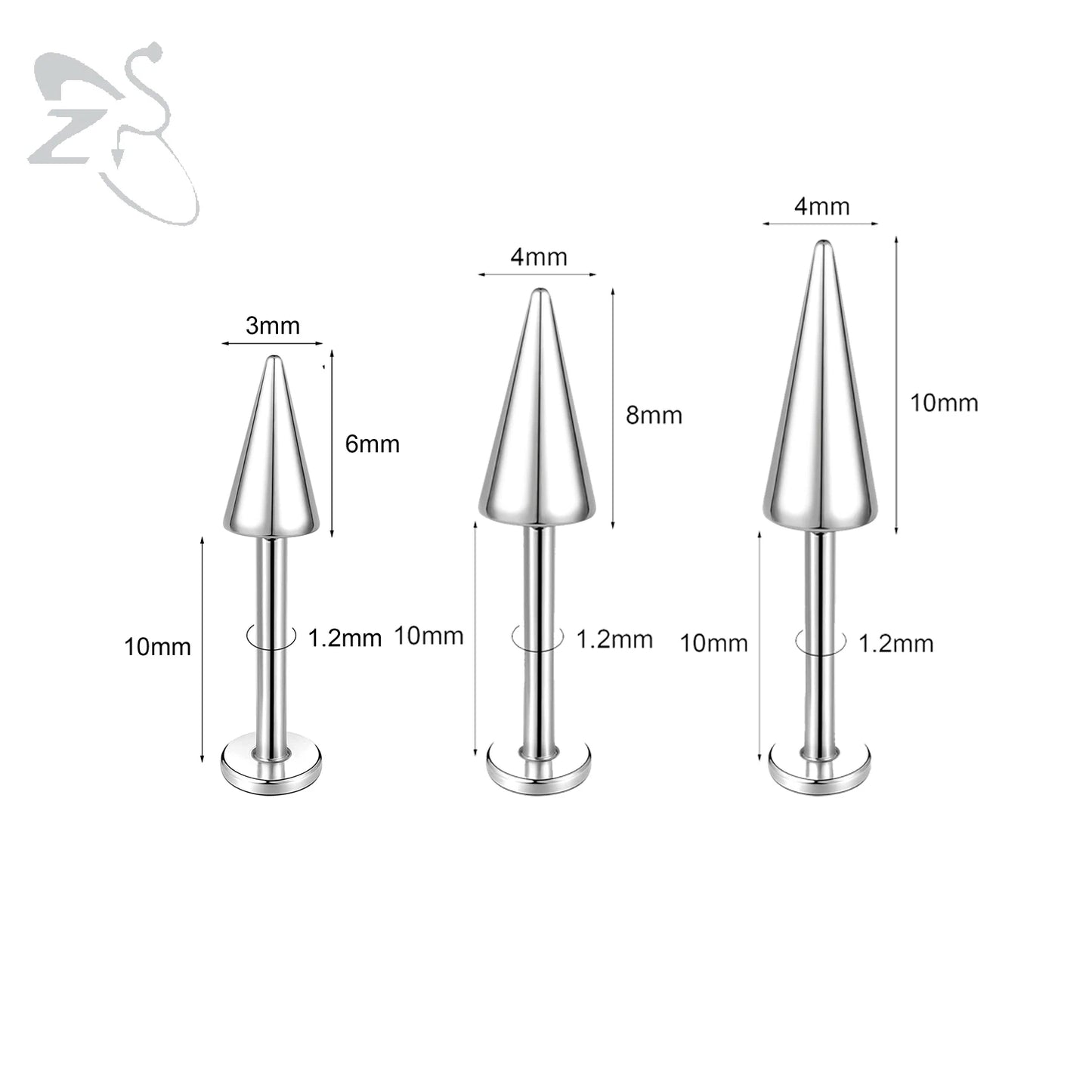ZS 3pcs/lot 16g Cone Spike Labret Stud Surgical Steel Cartilage Earrings Black Color Barbell Piercing Tragus Helix Rook Jewerly
