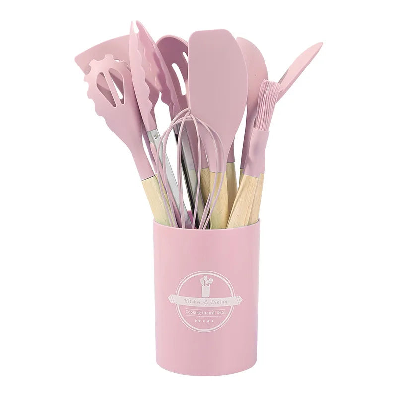 12PCS Silicone Kitchen Utensils Set Non Stick Cooking Tools Wooden Handle Spatula Turner Egg Whisk Baking BBQ Heat Resistant