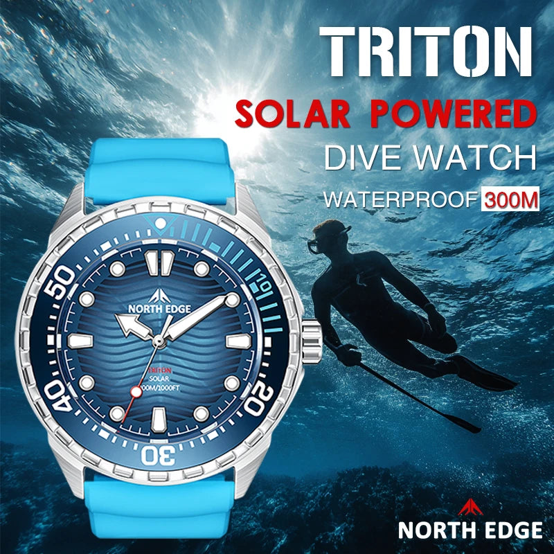 NORTH EDGE TRITON Solar Powered Dive Watch Men Luxury Quartz Watches For Men 316L Stainless Steel Case Waterproof 300M