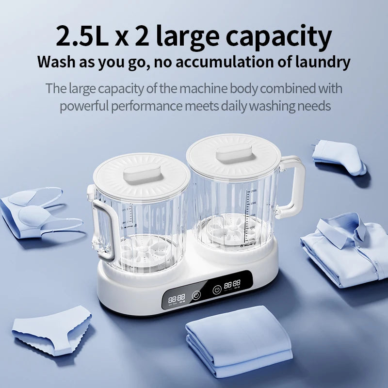 Portable Wireless Dual-Cup Washing Machine U10 8000mAh Rechargeable 2.5L×2 IPX4 Waterproof Mini Laundry Washer
