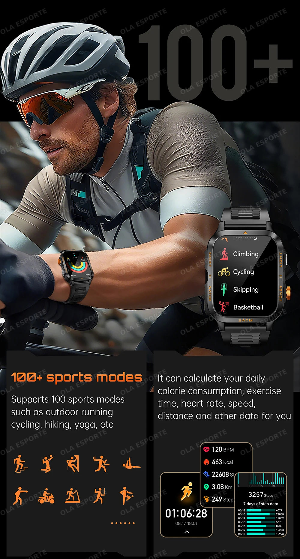 Smart Watch For Android IOS AMOLED Screen Bluetooth Call Fitness Clock 100+ Sports Modes Pedometer 880mAh Battery Men Smartwatch