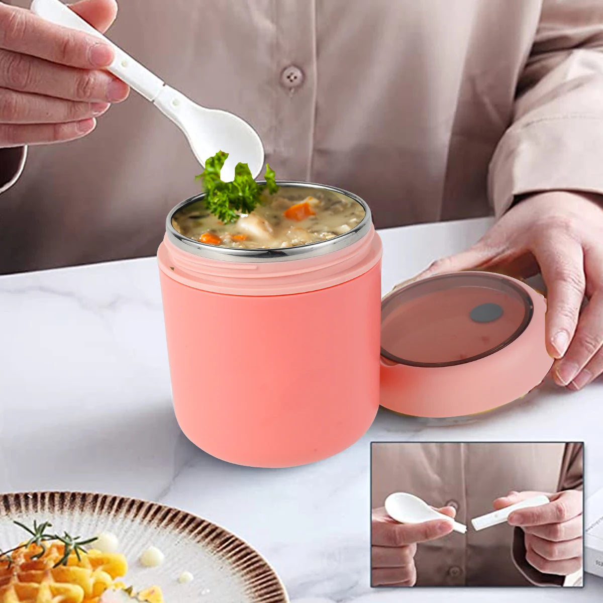 Vacuum Insulated Food Container for Hot Food 304 Stainless Steel with Foldable Spoon Handle Portable Thermoses for Office Work