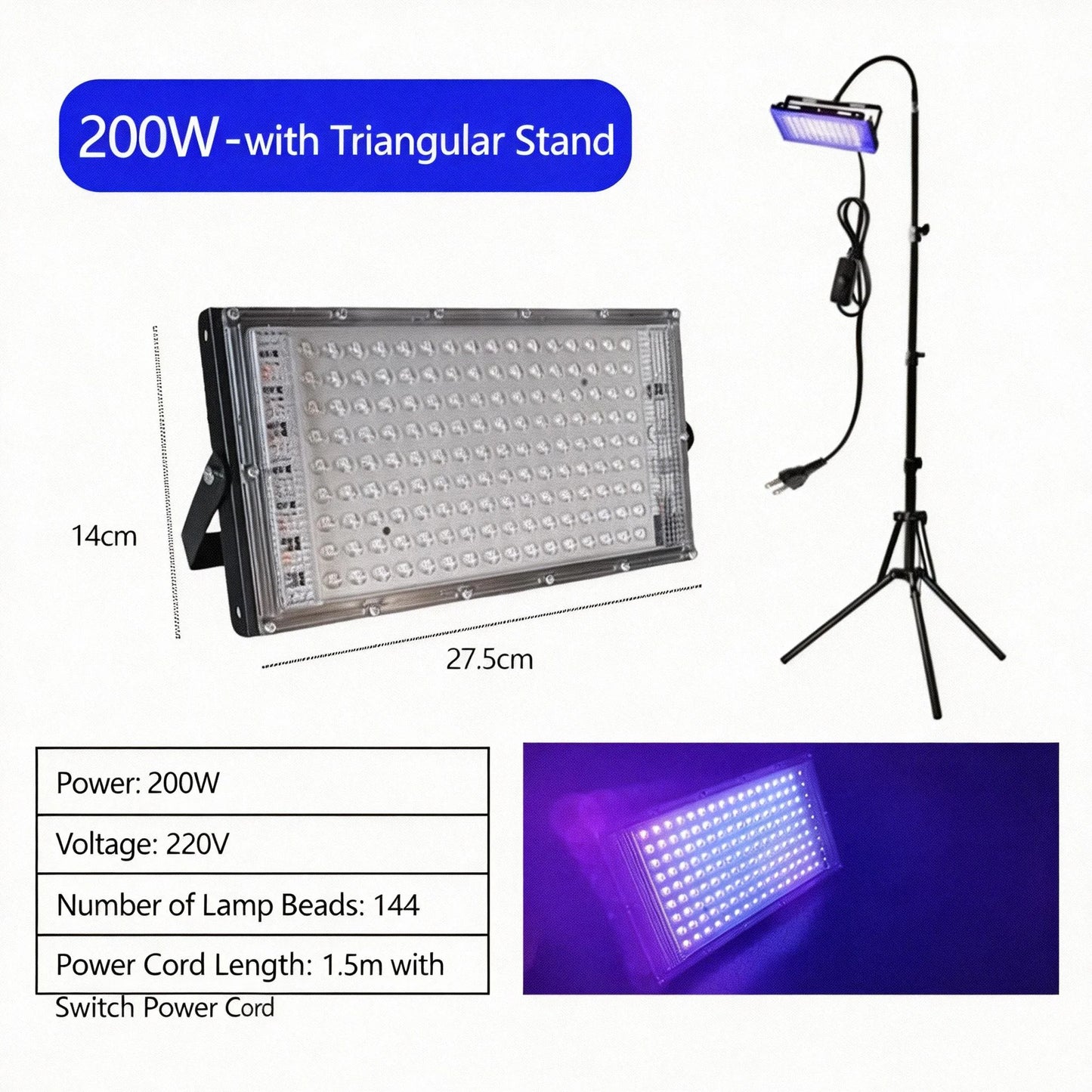 UV Tanning Lamp Home Solarium Body Tanning Light with Tripod Adjustable Height 200W 144 LED Beauty Skin Sun Lamp