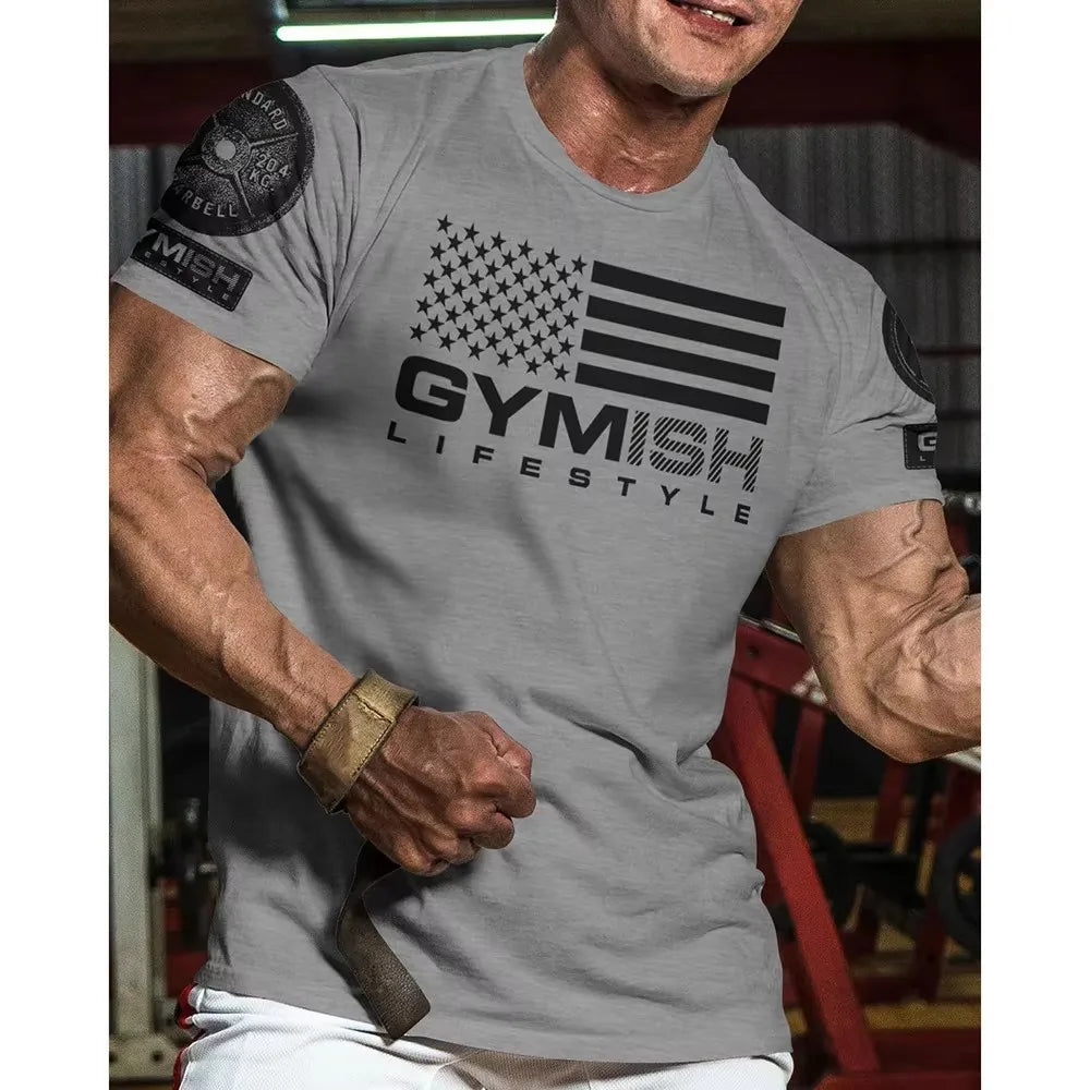 Men Gym Sportswear Muscle T-Shirt Top Fashion O-Neck Short Sleeve Outdoor Male Fitness Training Sports T-Shirts Casual Menswear