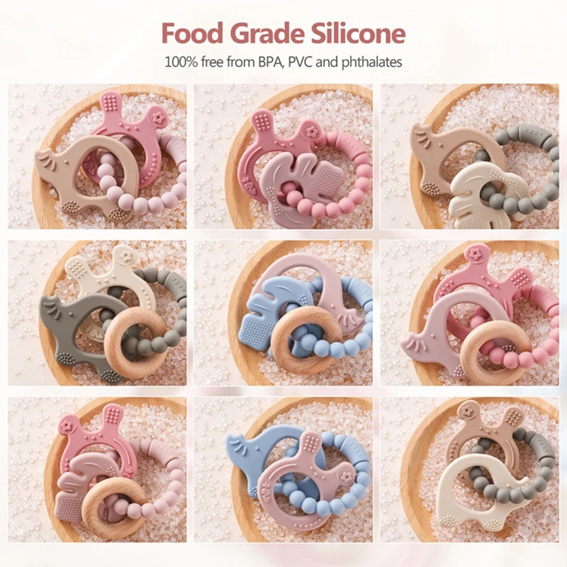 1PC Silicone Teether Baby Animal Shape Wooden Teether Ring Kid Gift BPA Free Silicone Children Goods Kid Teething Toy