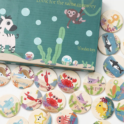 Children's Wooden Memory Matching Game with Educational Dinosaur, Animal, and Ocean-Themed Toys to Find the Same Ones