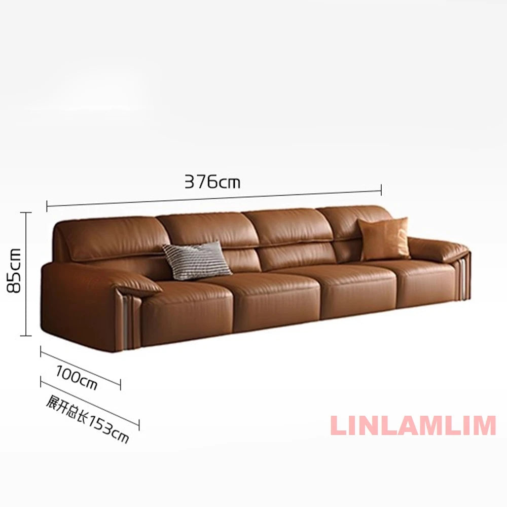 Modern Convertible Genuine Leather Sofa Bed – Multi-functional Electric Sleeper Couch with Adjustable Seats & Wide Chaise Lounge