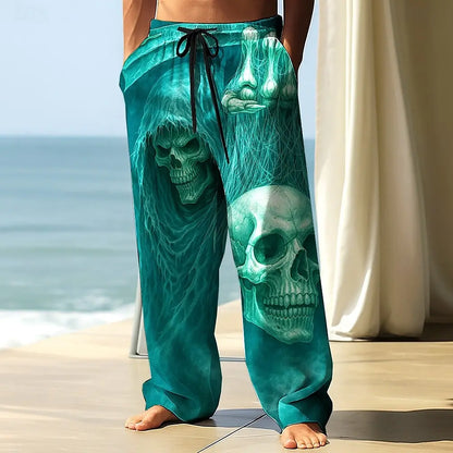 Men's Skull Skeleton Printed Trousers Baggy Pants Casual Pants Mid Waist Elastic Drawstring Waist Pants for Men Streetwear Fall