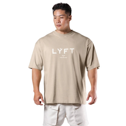 LYFT New Gym Short Sleeve Mens T Shirt Loose Fitness Muscle Men Tee Breathable Sports Training Shirts Casual Crew Neck Men's Top