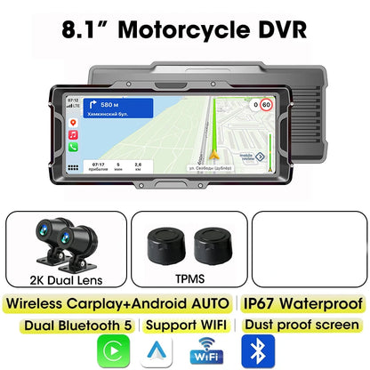Develuck 8.1" Motorcycle DVR 2K Front Camera Navigation GPS Wireless Carplay Android Auto Moto Monitor with TPMS Sensor Dual BT