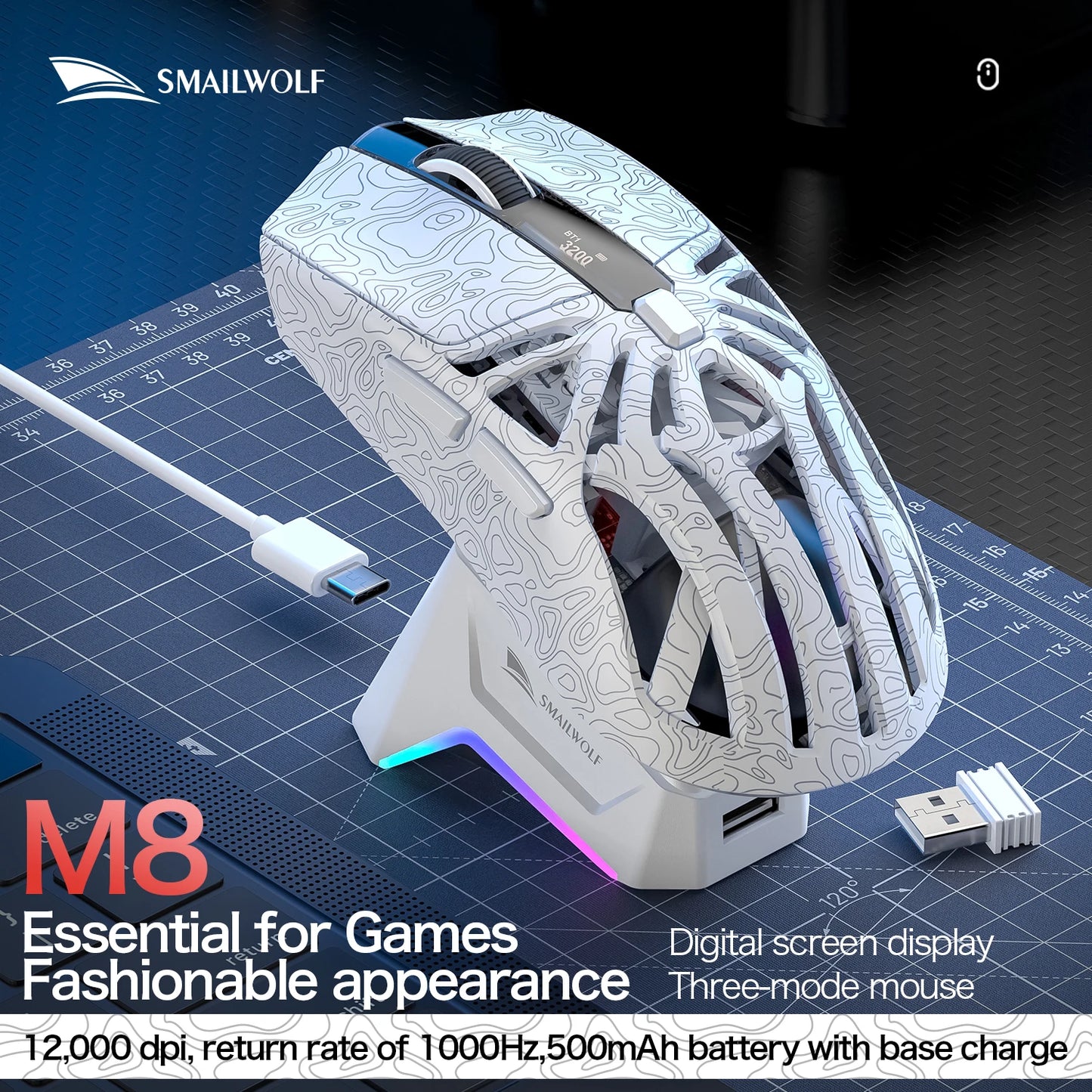SMAILWOLF RS8  1000Hz Bluetooth mouse, 10000dpi, three-mode connection, lightweight macro gaming mouse notebook computer