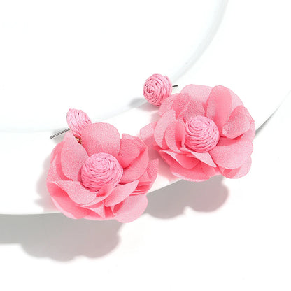 Summer Colorful Lafite Chiffon Flower Earrings for Women Boho Handwoven 3D Flower Fabric Drop Earring Beach Party Jewelry Gifts
