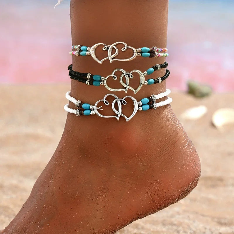 7pc/set Bohemian Rice Beads Starfish Pendant Anklet Set Fashion Summer Beach Sea Shell Multilayer Ankle Bracelet On Foot Jewelry