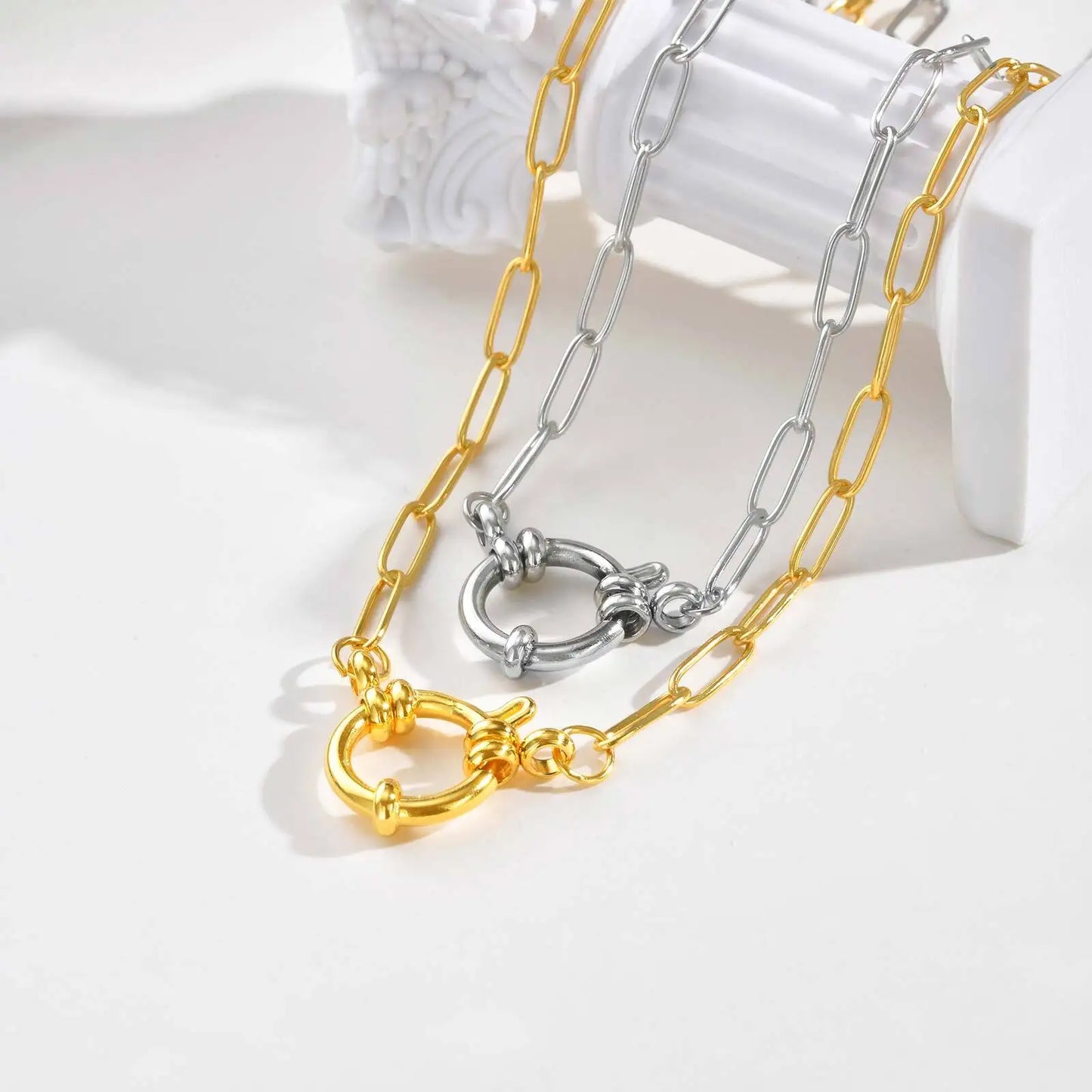 Vnox 2 Color Rectangular Chain 40cm Necklaces For Women, Stainless Steel Round Buckle Pendant, Metal Choker Neck Jewelry Gifts