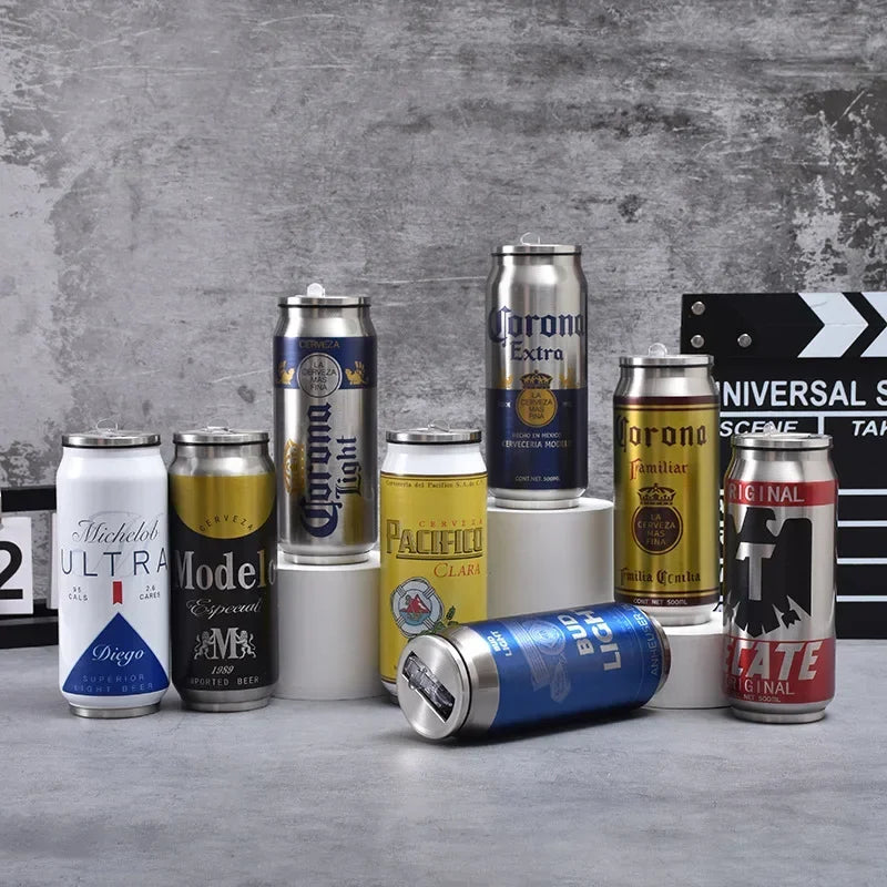500ml Thermos Stainless Steel Cup Creative Beer Can Insulated Cup Vacuum Cups with Straw Cold Keeper Cola Cans Insulated Bottle