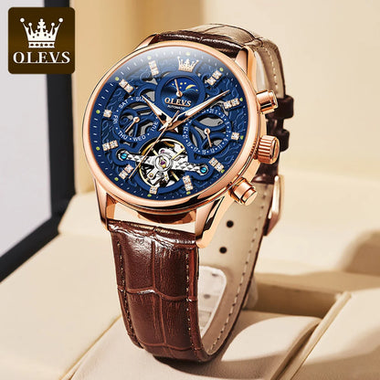 OLEVS 6658 Fashion Men's Watches Hollow Flywheel Automatic Mechanical Wristwatch Leather Strap Waterproof Luminous Moon Phase