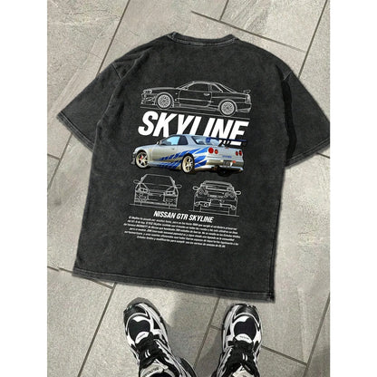 Mens Cotton T Shirt Casual Summer Short Sleeve Racing Car Graphic Print JDM Style Streetwear Comfortable Fashion Daily Wear Top