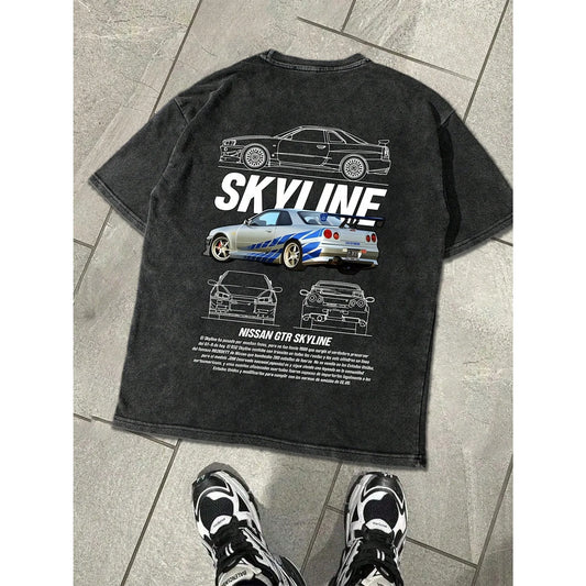 Mens Cotton T Shirt Casual Summer Short Sleeve Racing Car Graphic Print JDM Style Streetwear Comfortable Fashion Daily Wear Top
