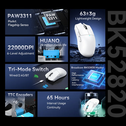 ATTACK SHARK X11SE Wireless Gaming Mouse 63g Lightweight Tri-Mode Bluetooth Wired PAW3311 22000 DPI for Office & Home Use