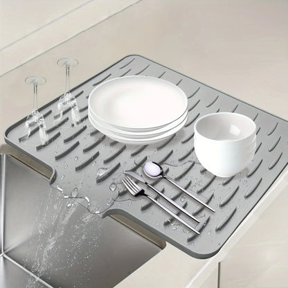 Silicone Dish Drying Mat, Waterproof Sink Side Draining Pad for Dishes Glasses Countertop Protector, Essential Kitchen Gadget