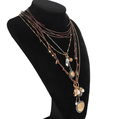 Girlgo 3Pcs/Set ZAA Handmade Rope Chain Metal Round Coin Badge Rope Necklace Fashion Personality High Quality Vintage Jewelry