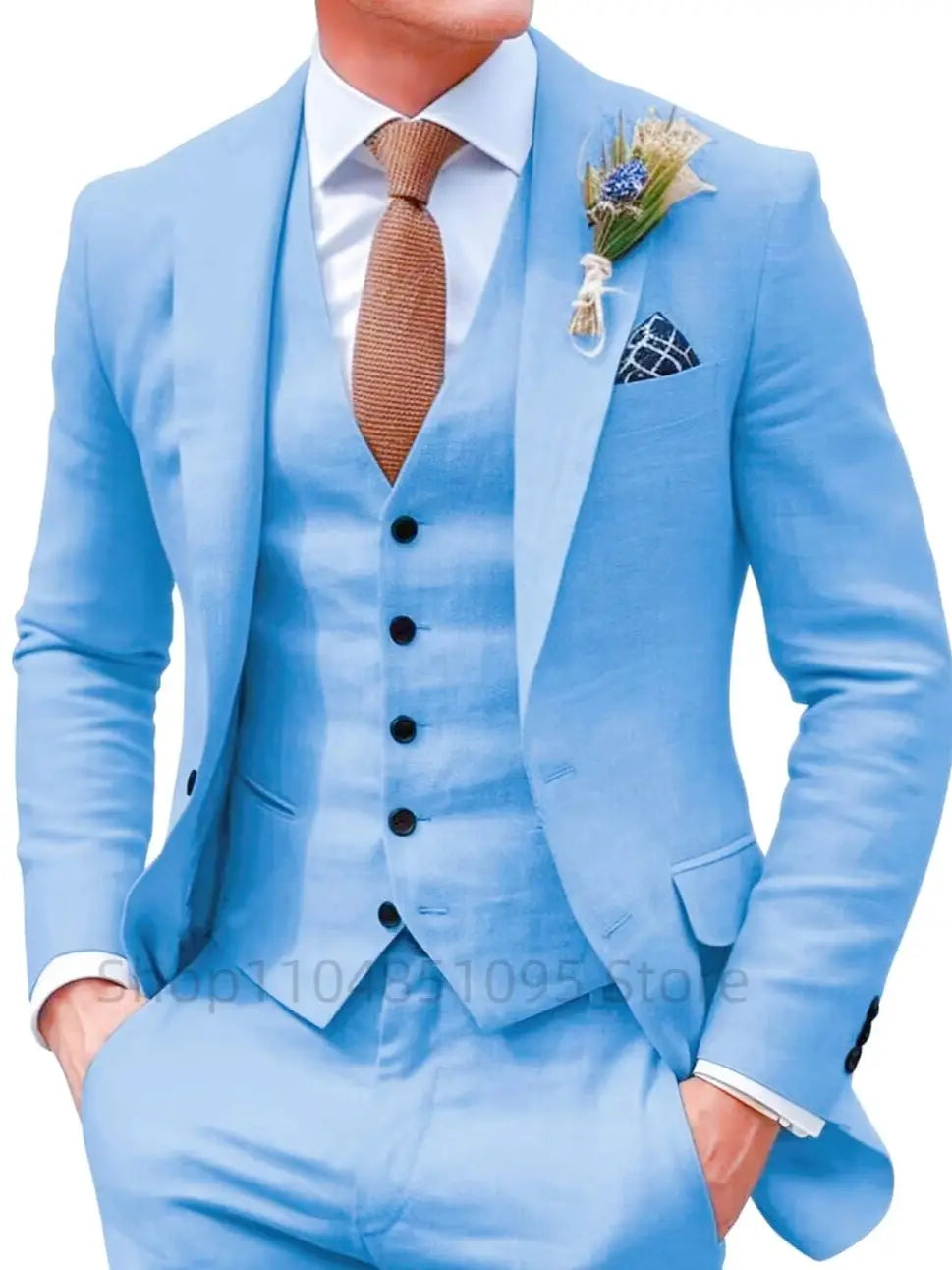 3 Piece Beige/Blue Linen Wedding Men Suits Summer Groom Tuxedos Casual Beach Man Suits Set Jacket Vest with Pants for Party Prom