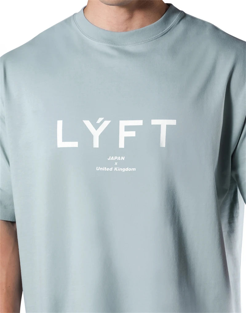LYFT New Gym Short Sleeve Mens T Shirt Loose Fitness Muscle Men Tee Breathable Sports Training Shirts Casual Crew Neck Men's Top