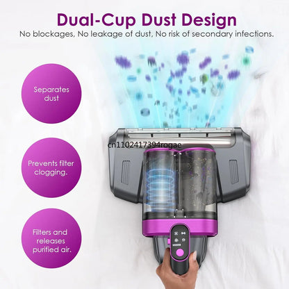 Cordless Mattress Vacuum Cleaner Bed Vacuum Cleaner Rotation Ultrasonic Tech Double-Cup Portable Handheld Vacuum