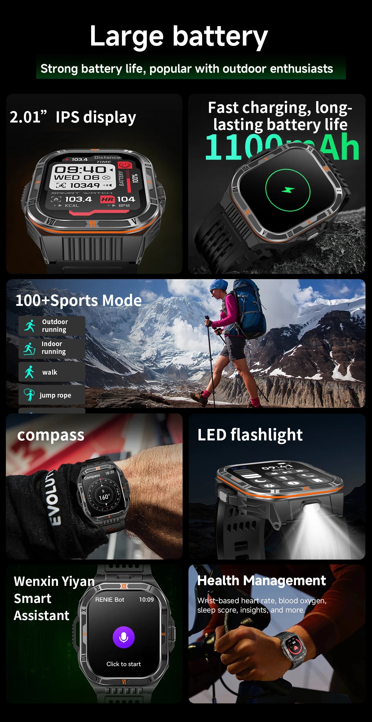 New Smart Watch Men 2.01"HD Screen 3ATM Waterproof Flashlight Health Monitor 1100mAh Battery Sport Bluetooth Call Smartwatch