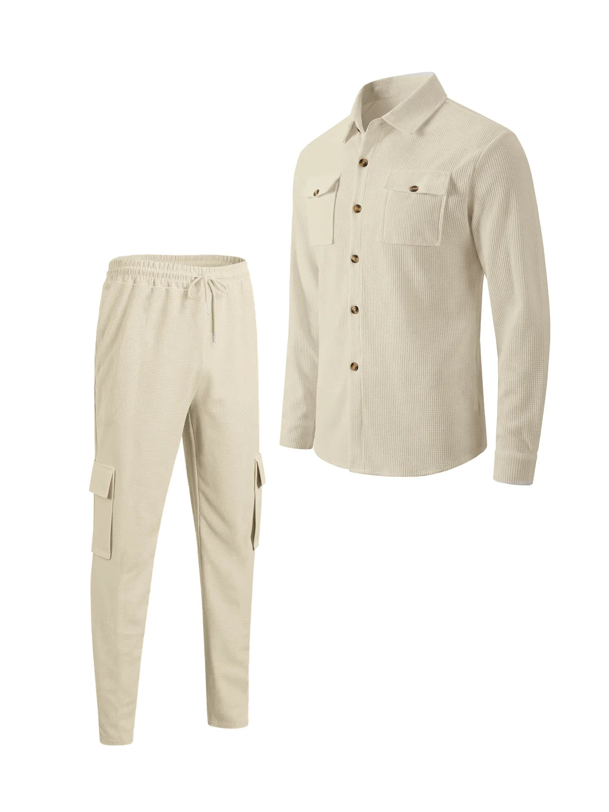 New men's four season outdoor trend casual waffle solid color workwear button pocket lapel jacket workwear pants two-piece set