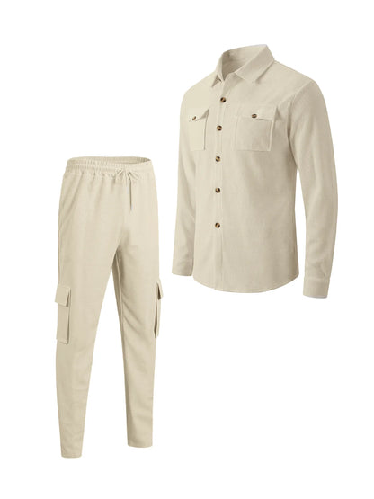 New men's four season outdoor trend casual waffle solid color workwear button pocket lapel jacket workwear pants two-piece set