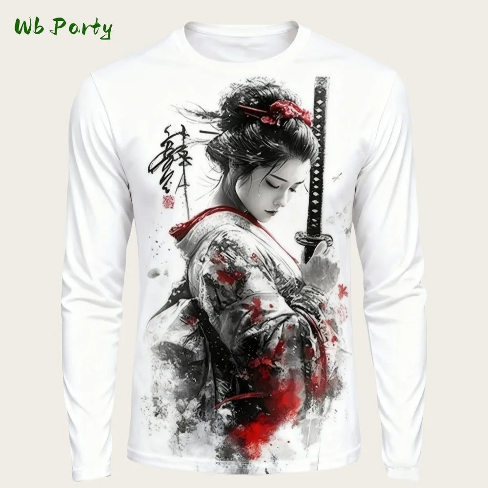 Japanese Long Sleeve Mens 3D Samurai Cartoon Pattern T-Shirt O-Neck Long Short Sleeve Breathable Style Streetwear Men's Clothing