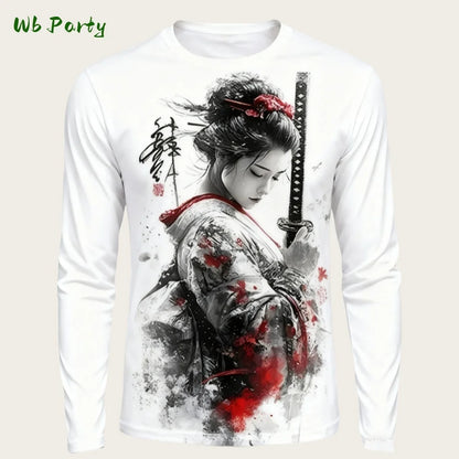 Japanese Long Sleeve Mens 3D Samurai Cartoon Pattern T-Shirt O-Neck Long Short Sleeve Breathable Style Streetwear Men's Clothing