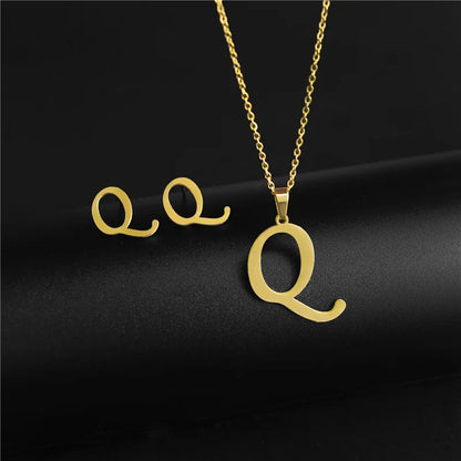 A-Z 26 Stainless Steel Initial Necklace and Earring Jewelry Set Letter Pendant Chain Alphabet Mom Christmas Gift