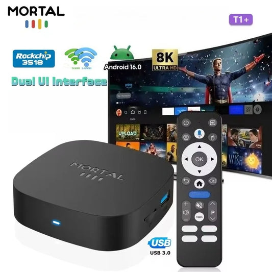 2026 T1+ Android 16 Smart TV Box Rockchip RK3518 WIFI6 BT 5.4 UI Interface 8K HD Media Player Voice Assistant Set Top Box IPTV
