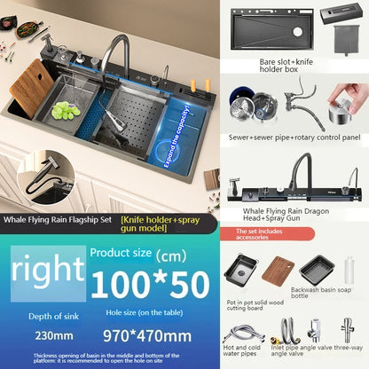 Stainless Steel Kitchen Sink Multifunctional Digital Display Waterfall Large Single Slot With Rack For Knife Wash Dish Basin