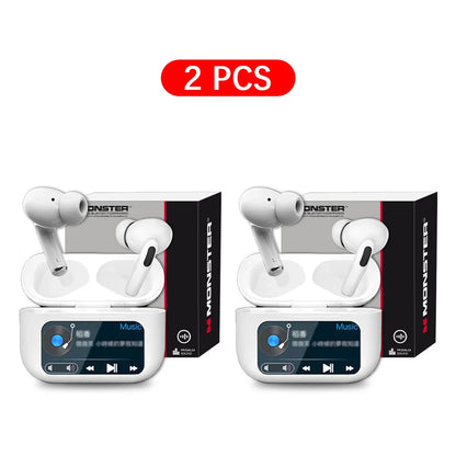 MONSTER Wireless Bluetooth 5.3 Earphones LCD Touch Screen Headphones ANC Noise Reduction Headset Built In HD Mic  Music Earbuds