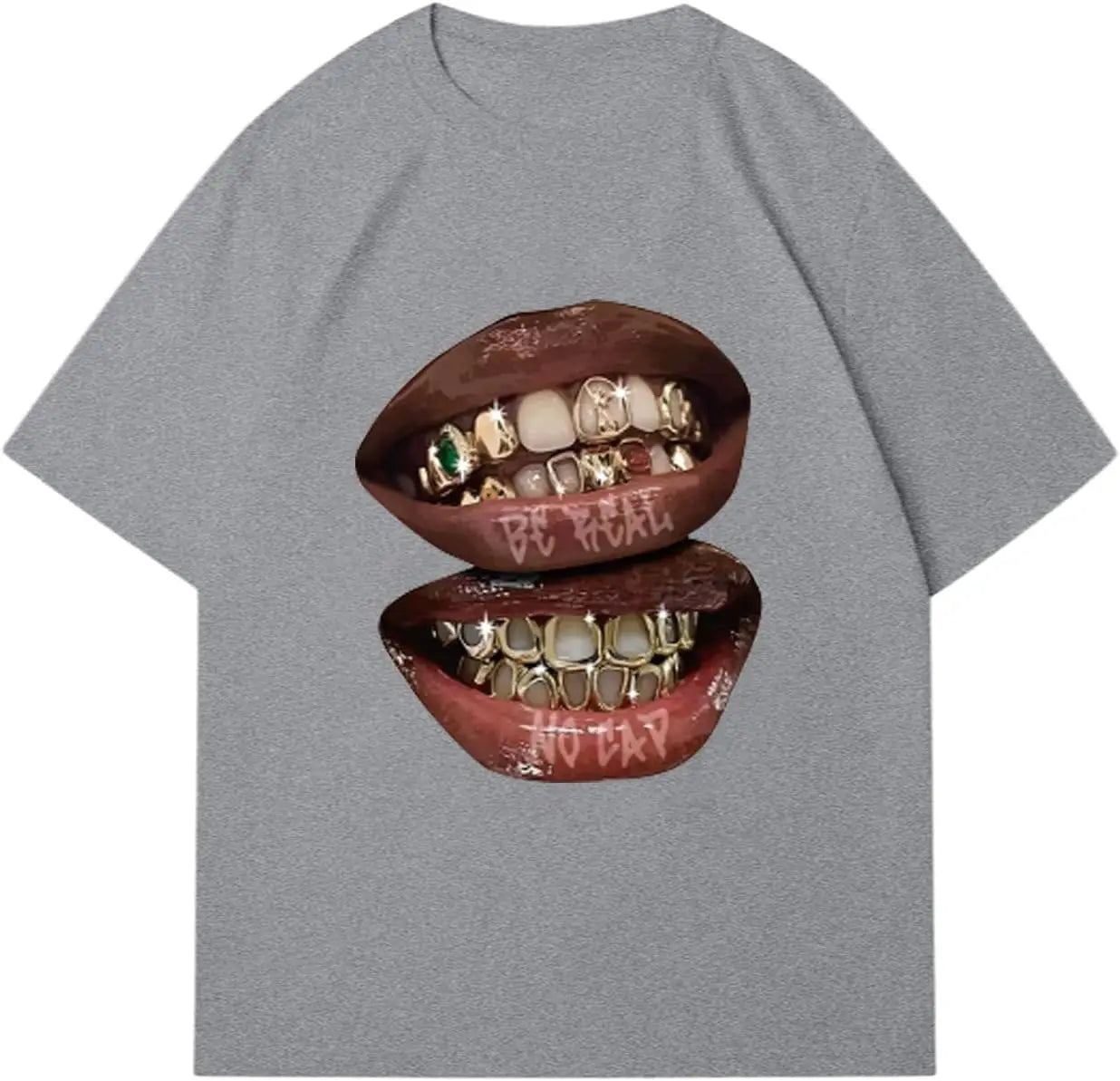 Chic Lips Golden Teeth Vintage T-shirt Rock Goth Casual Tee Clothing Men Oversized Cotton T Shirt Harajuku Y2k Tops Streetwear