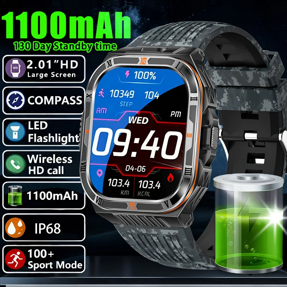 New Smart Watch Men 2.01"HD Screen 3ATM Waterproof Flashlight Health Monitor 1100mAh Battery Sport Bluetooth Call Smartwatch