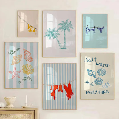 Summer Bikini Poster Fashion Bikini Shell Conch Palm Tree Wall Art Beach Print Ocean Home Living Room Bedroom Dorm Decoration