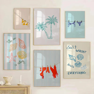 Summer Bikini Poster Fashion Bikini Shell Conch Palm Tree Wall Art Beach Print Ocean Home Living Room Bedroom Dorm Decoration