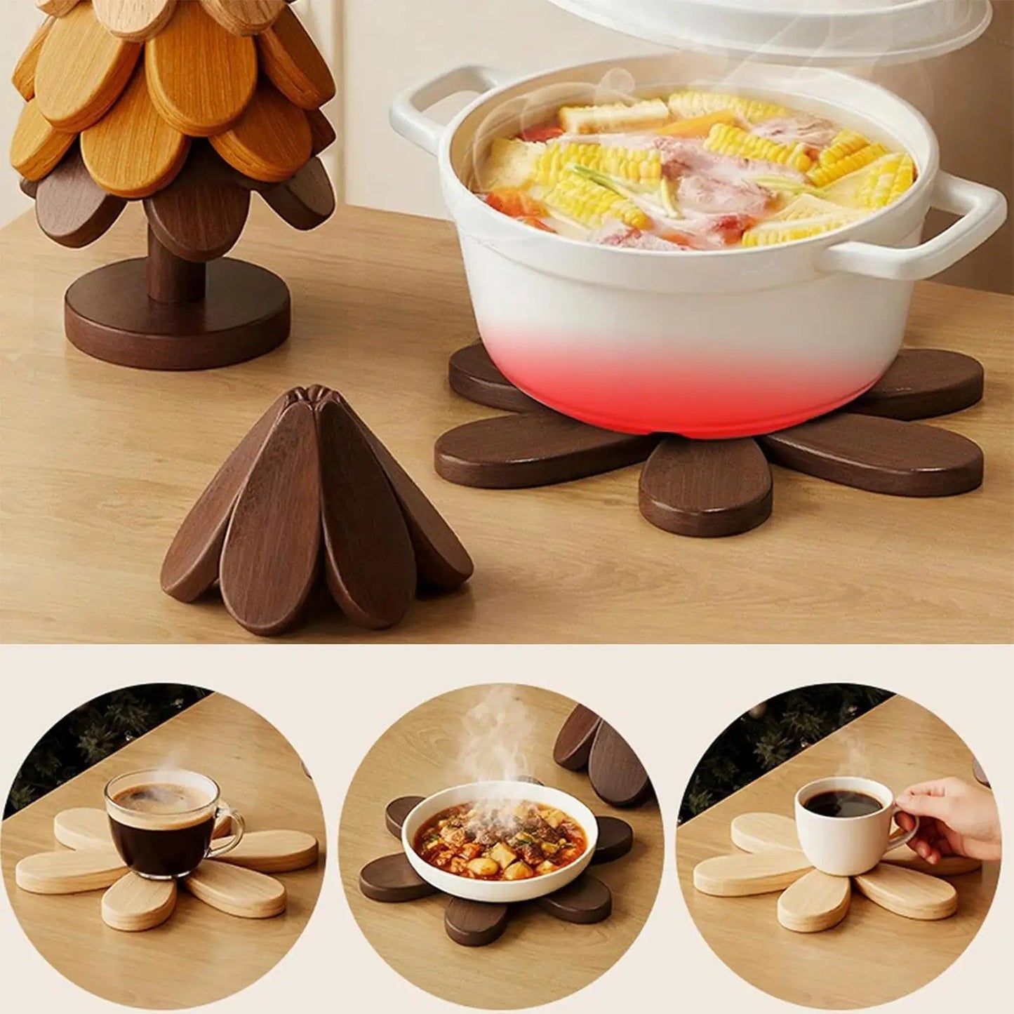 Wooden Table Coasters 5pcs Christmas Tree Trivets Heat Resistant Desk Coaster Tree Design Stand Table Mat Coaster Placemats