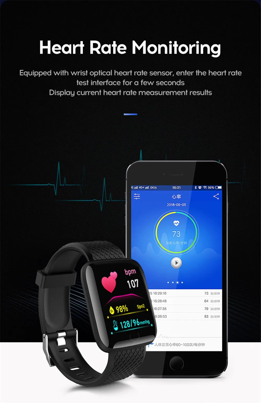 Smart Watch Sport Fitness Bracelet Control Music Message Display Pedometer Bluetooth Connect Smartwatch 116 Alarm Clock Weather