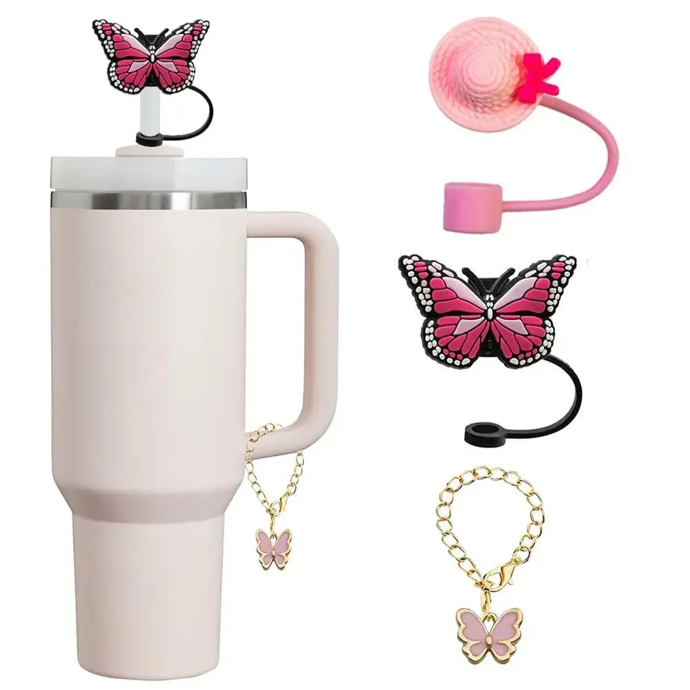 3pcs Accessories Set 1 Spill Proof Stopper Butterfly Straw Cover Boot 1 Straw and Brush and 1 Flower Charm Chain for Stanley Cup