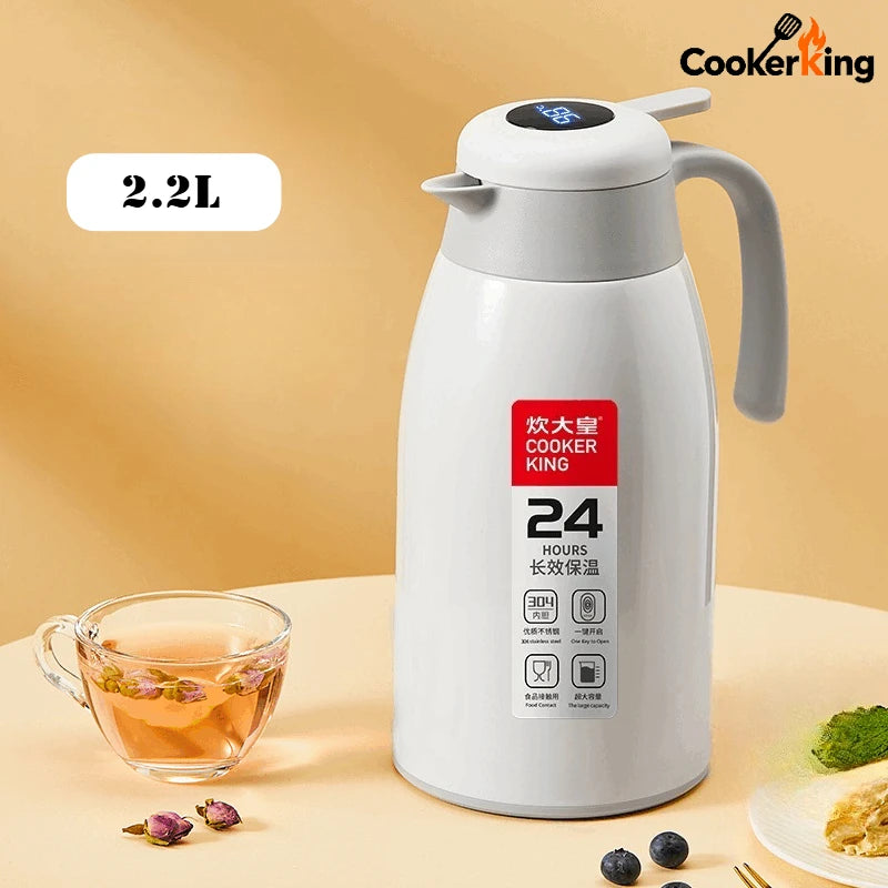 COOKER KING 2.2L Stainless Steel Coffee Pot 304 Stainless Steel+PP Intelligent Temperature Display Thermos Kettle Travel Kettle