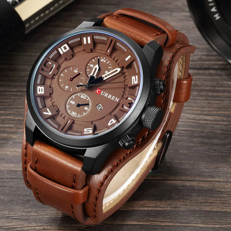 CURREN 8225 Luxury Large Dial Calendar Watch, Water-Resistant Blue Light Dial Quartz Leather Watch
