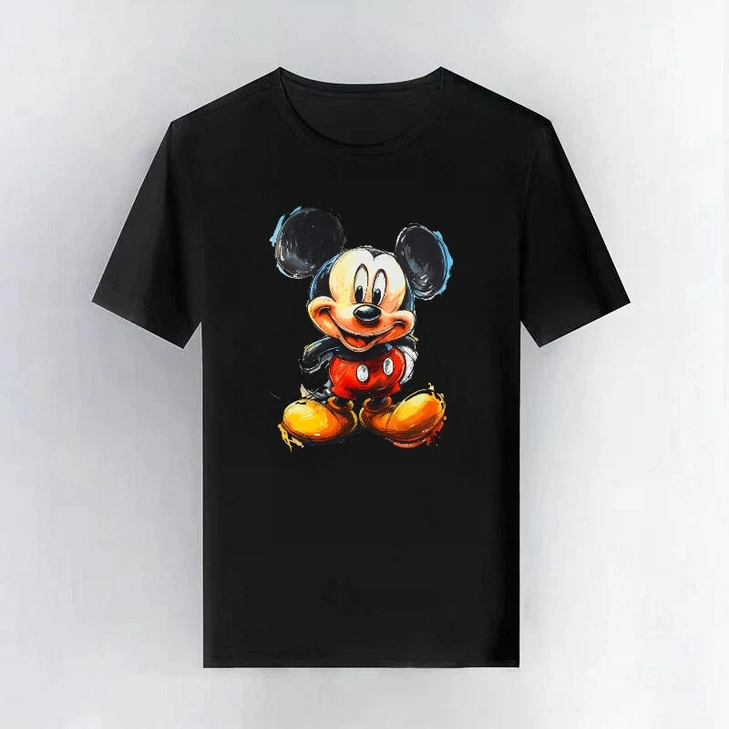 Mickey Mouse Disney Printing Pattern Casual Black O-Neck Short Sleeves Man Tops Trendy Woman Loose Tshirts Parent-child Clothing