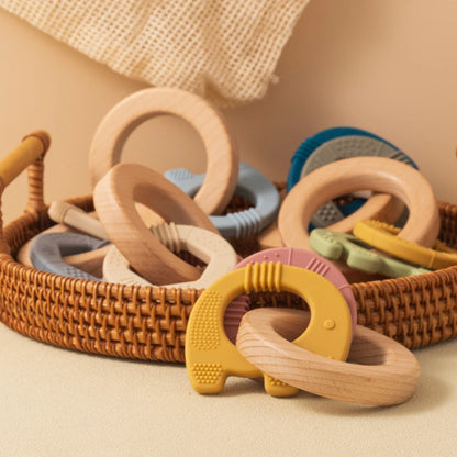 1PC Silicone Teether Baby Toy Elephant Shape Wooden Teether Ring Kid Gift BPA Free Children Goods Kid Teething Chewing Toy