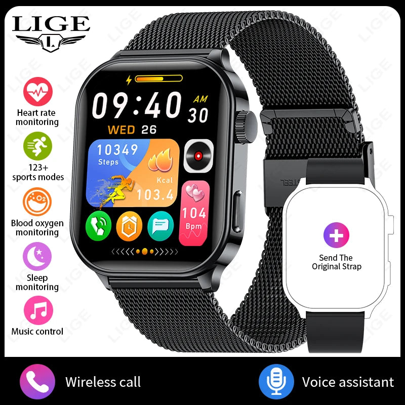 LIGE NEW Smart Watch Daily Monitoring Voice Assistant Wireless Call Notification Music Control Men Women Waterproof Smartwatch