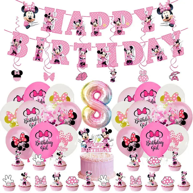 Minnie Mouse Birthday Party Decorations Tableware Set Birthday Decorations Full Set Pink Balloons Banner Candy Box Kids Favors